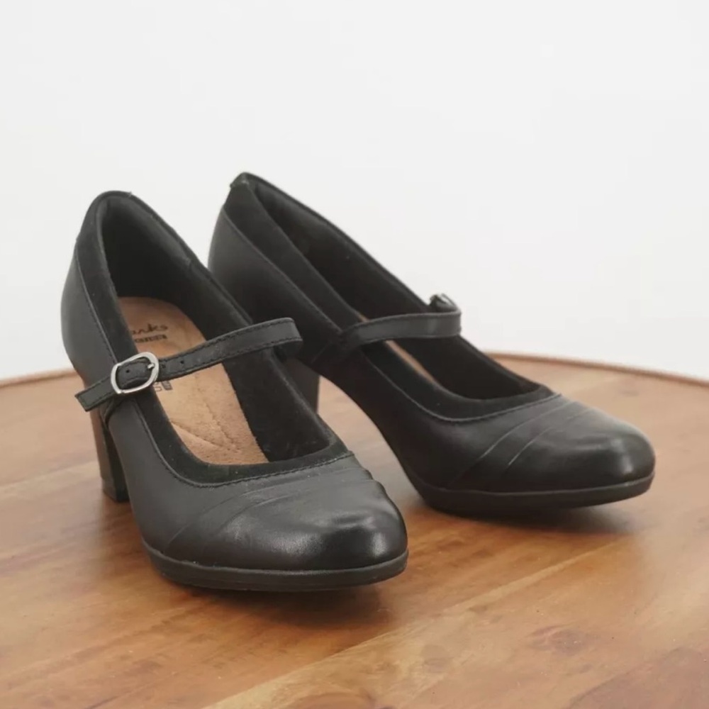 Clarks Womens Artisan Rosalyn Wren Heeled Mary Jane Shoes Sz 6.5 M Black Leather